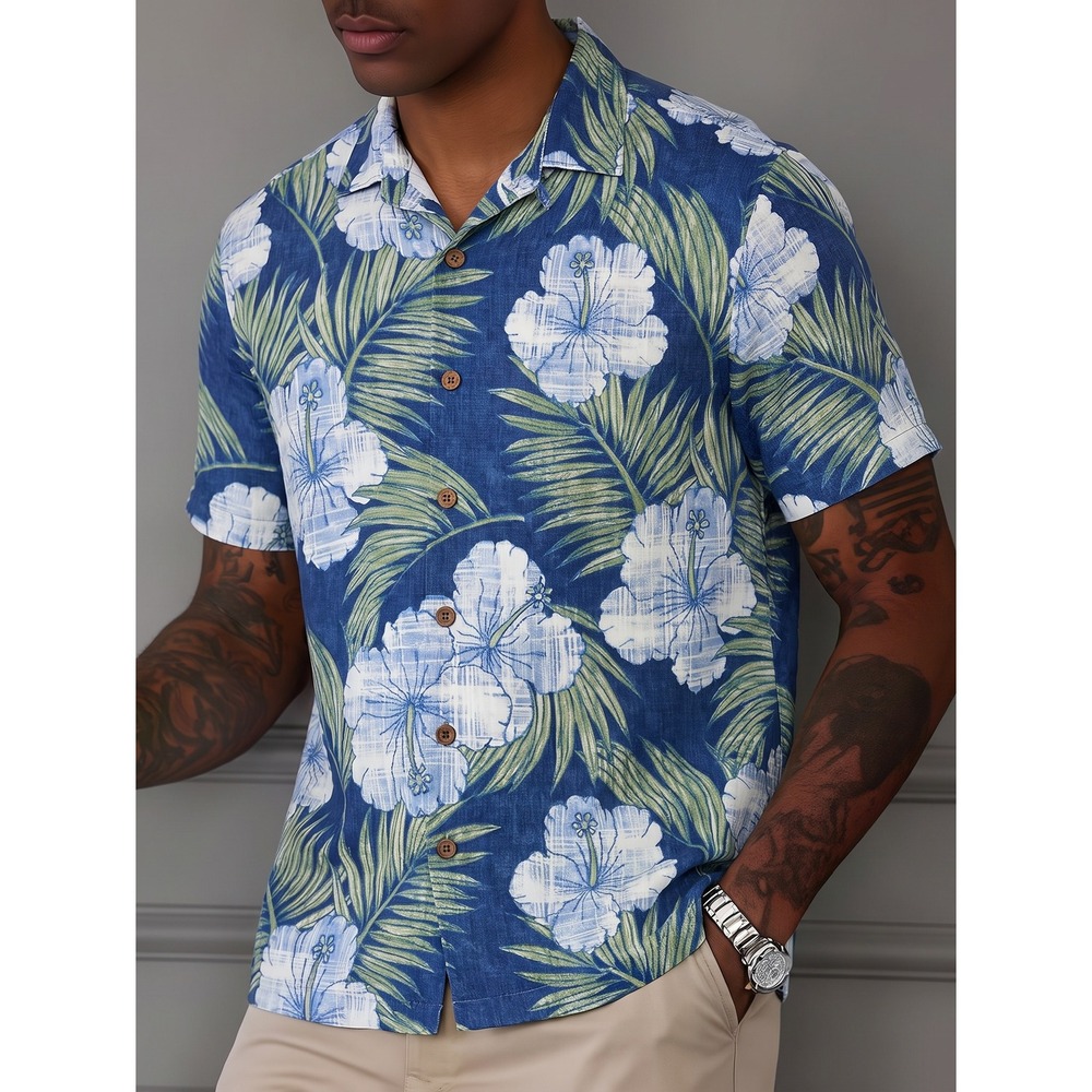 Tommy Bahama Button Up Shirt Mens Medium Blue Excellent 100% Silk Floral Aloha